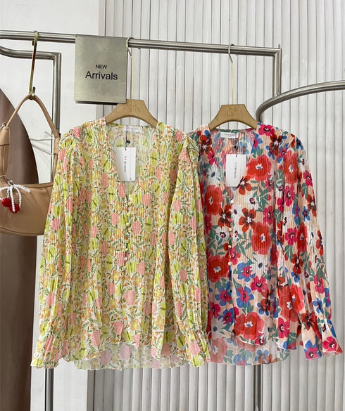Spring Floral Print Pleated Chiffon Shirts